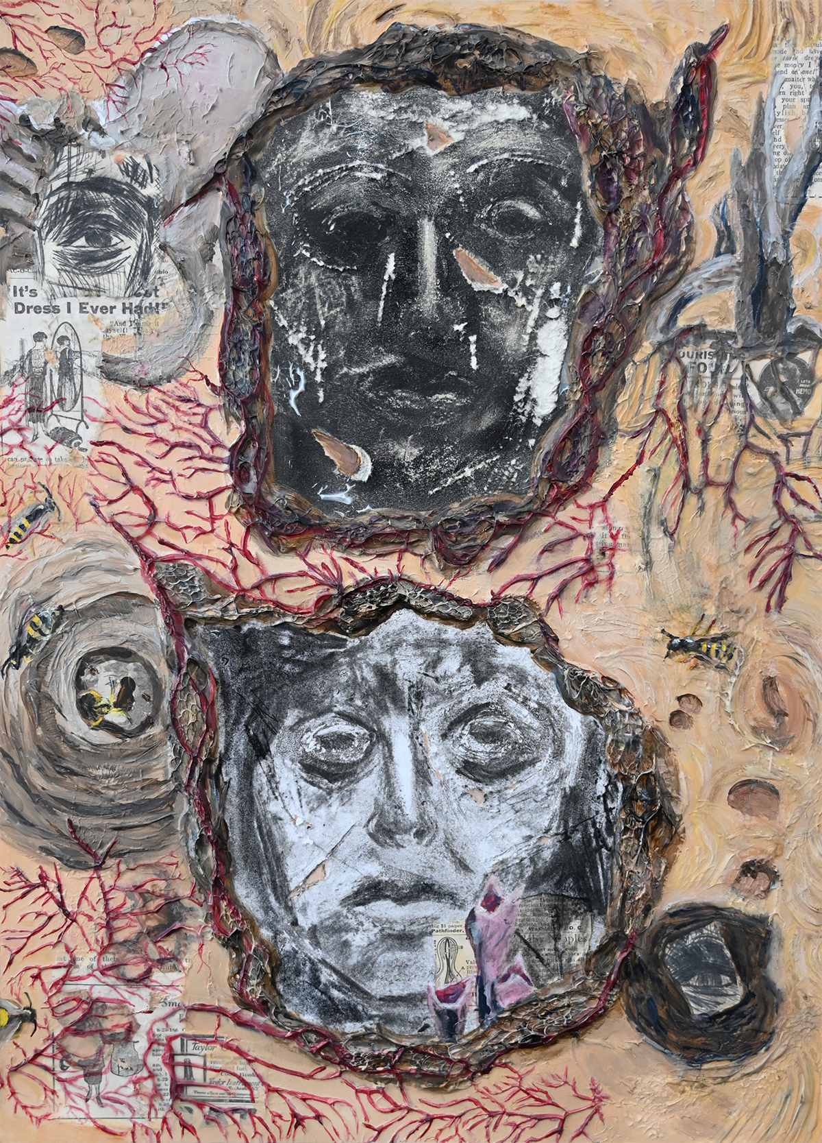 The Nest We Build / Acylic, Monotype, Collage, and Charcoal on wood panel / 16 x 20 inches / 2022